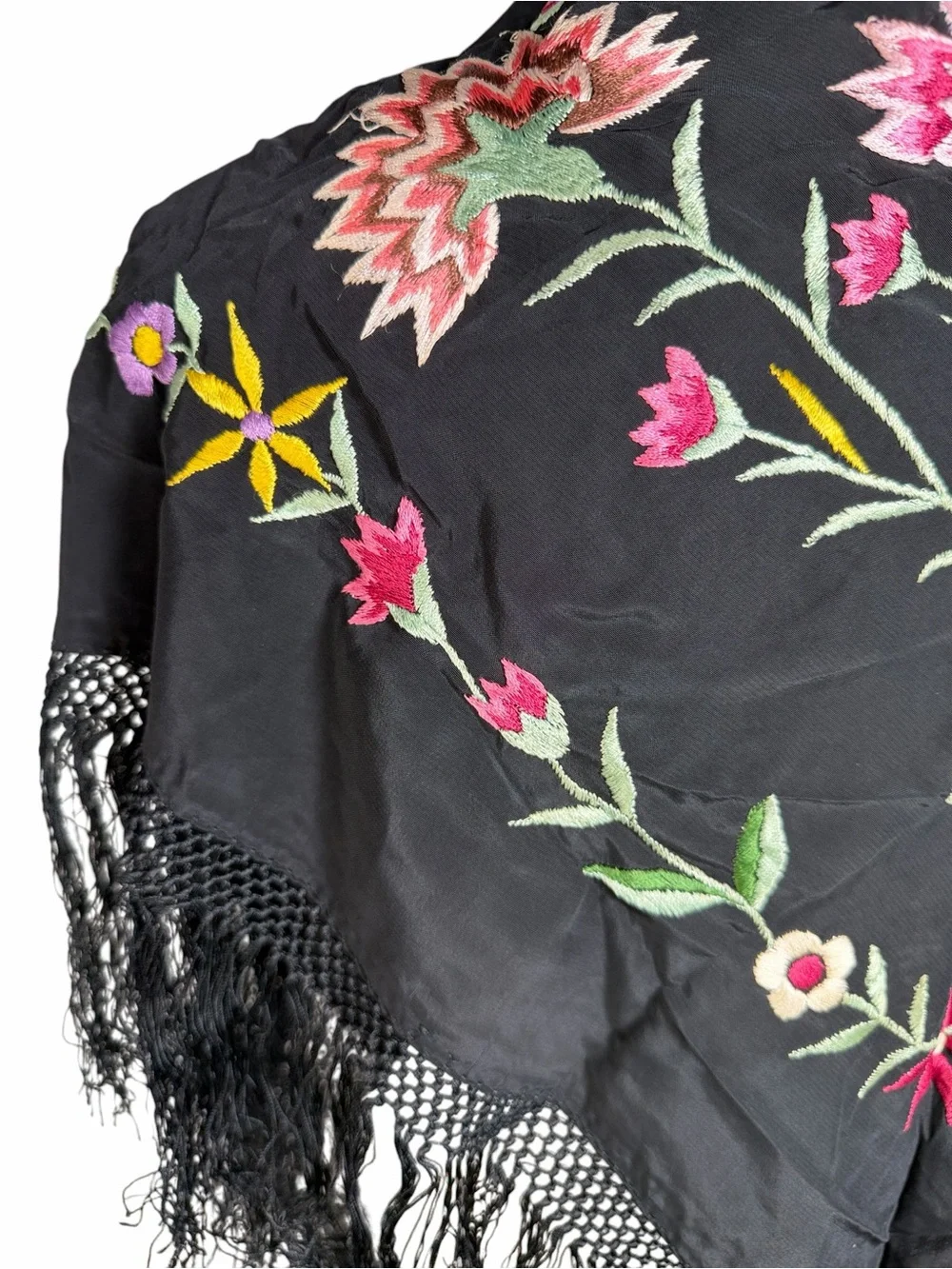 Women’s Black Colorful Floral Embroidered Fringe  Spanish Flamenco Piano Shawl